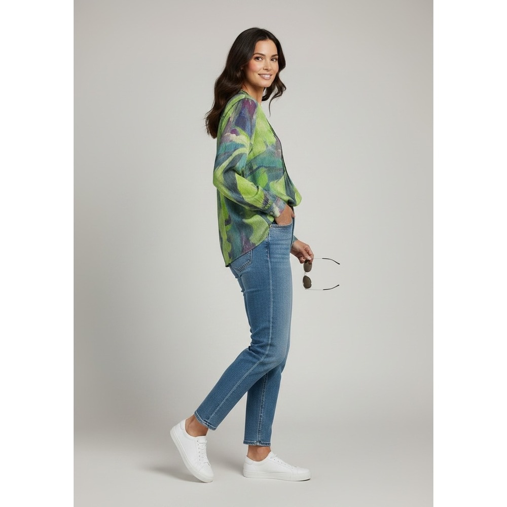 Soft Surroundings Green Abstract Floral Pintuck Button Front Tunic Top Size M